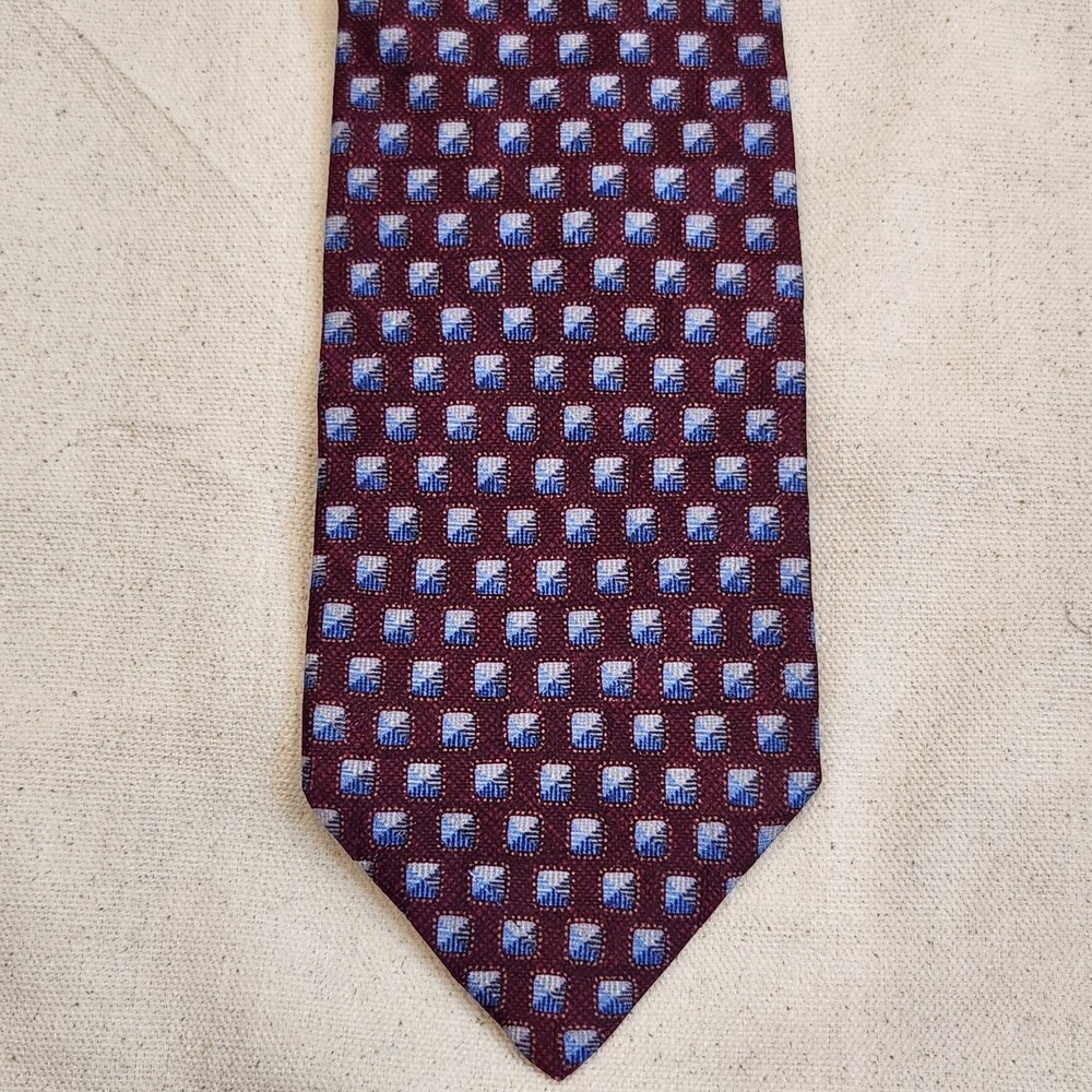 Ermenegildo Zegna Men's Silk Tie Burgundy Blue Geometric Square Pattern Italy